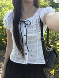 Melville Dot Wrinkle Puff Short Sleeve Blouse