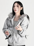 Raccoon Fur Letter Hood Zip-Up