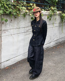 DB Studded Chin Pocket Balloon Fit Wide Denim Long Pants