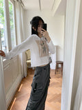 Tilla Linen See-through Color Matching Slim Long Sleeve Hood T-shirt