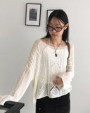 Api Wav Punching See-Through Rib Neck Long Sleeve Knit