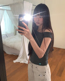 Az Pigment Washing Unbalanced One Off-Shoulder Button Short Sleeve T-shirt