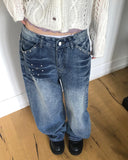 Boa Stud Eyelet Pocket Wide Fit Washed Denim Long Pants