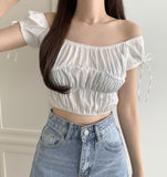 Lovely Hip Shoulder Ribbon Banding Off-shoulder Short Sleeve Blouse