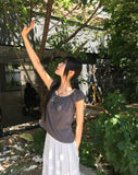 Aceh Dot Shirring Ribbon Cap Sleeve Short Sleeve T-Shirt