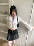 Kimme Collar Fur Ribbon String Long Sleeve Cardigan
