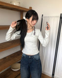 Rome Flower Ribbon V-Neck Long Sleeve T-Shirt
