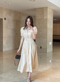 Kazz Shirt Collar Puff Sleeve Long One Piece (Belt Set)