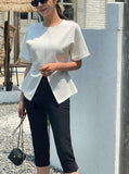 Duba Span Shirring Front Slit Short Sleeve T-shirt