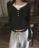 Soya Dot Half Button V-Neck Long Sleeve T-Shirt