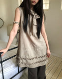 Jewel Ribbon Tie Frill Layered Sleeveless One Piece