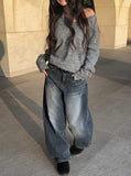 Quart Brushed Deep Blue Denim Washing Wide Pants