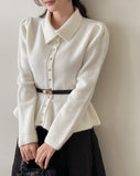 Inelli Shirring Collar Knit Pearl Cardigan