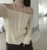 Off-shoulder Ribbed Knit Strap Set Cardigan