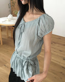 Serine Tiered Ribbon String Wrinkle Short Sleeve Blouse