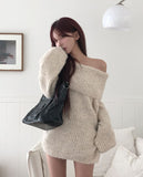 [wool40%] Poly mohair balloon off-shoulder knit