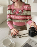 Wendys Color Matching Flower Embroidery Knit