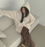 Loose Fit Two-Way Soft Embroidered Hood Zip-Up