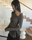 Web unbalanced button open angora pine needle knitwear