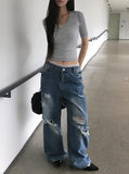 Redo Damage Washing Wide Denim Pants
