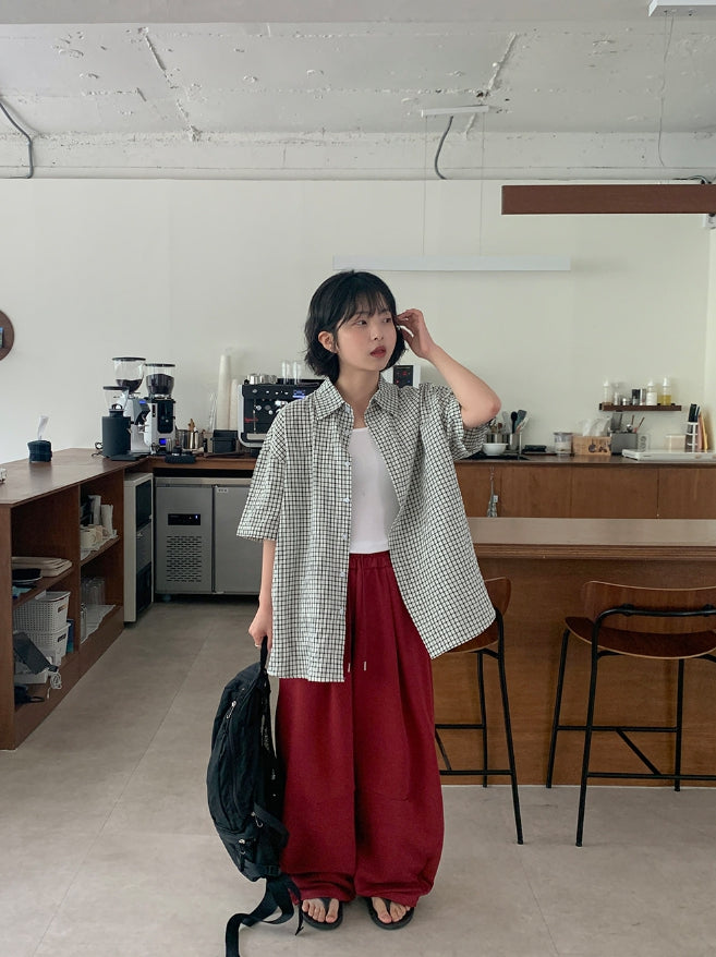【BAON】[unisex] Beamgero check over short-sleeved shirt BAON (バオン) - [男女兼用]ビームジェロチェックオーバー半袖