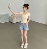 Slim Fit Cup Halter Strap Fake Layered Shirring Short Sleeve T-shirt