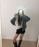 Kait Snap Button Stitch Over Fit Fur Bomber Jacket