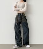 Knee Side Pin Tuck Balloon Waist Adjustment Wide Fit Denim Pants