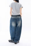 Deep side fold balloon denim pants