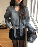 Lulu V-neck wool hair cardigan scarf set