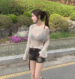 Loose-Fit Boat Neck Mesh Long Sleeve Knit