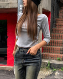 [U-BASIC] Nut Boat Neck Slim Crop Three Quarter Tee