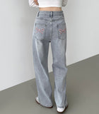 Pink Ribbon Embroidery Point Light Blue Wide Denim Pants