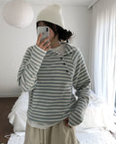 Puring Striped Diagonal Button Warmer Hoodie