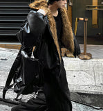 Zeoni Fur Trimming Hood Dark Black Leather Jumper