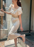 Ruckbell Square Neck Embroidered Tulip Pintuck Long One Piece
