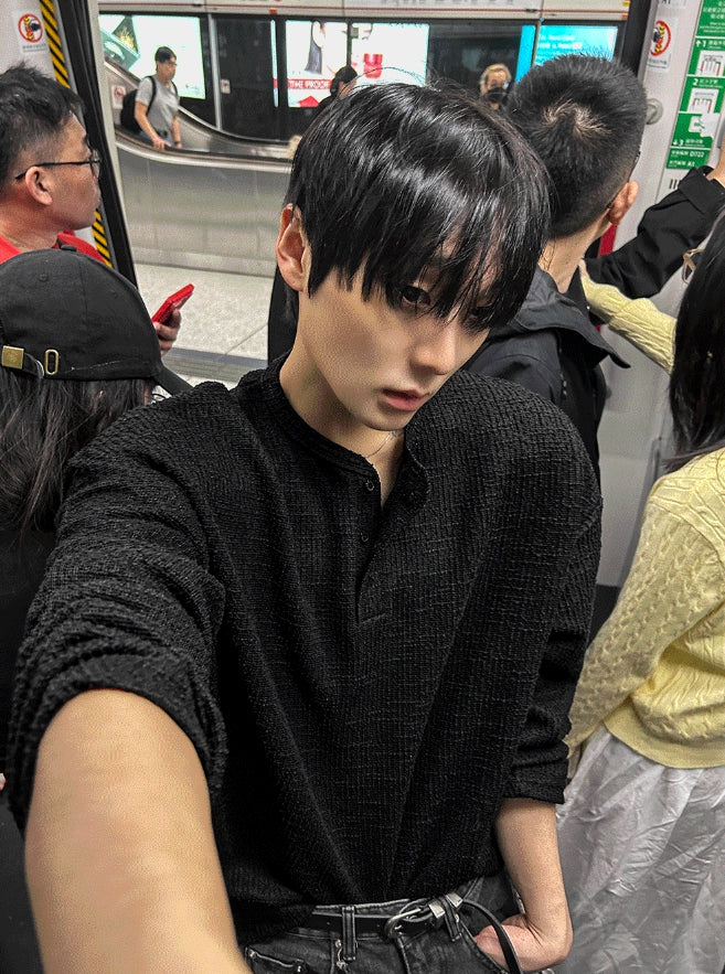 【COSYHARU】Tweed Henley Neck Long Sleeve Tee COSYHARU (コシハル) - ツイードヘンリーネック長袖Tシャツ