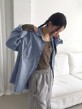 [UNISEX] Barket Vintage Oversized-fit Stitch Denim Long Sleeve Shirt