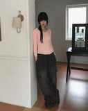 Atter strap deep V-neck slim ribbed crop long sleeve knit