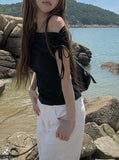 Nob Shirring Off-shoulder Ribbon Short Sleeve T-shirt