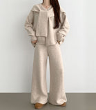 Shawl V-Neck Knit Long Wide Banding Pants Three Piece Wool Two Piece Set