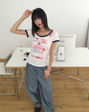 Fleet Off-Shoulder Lettering Print Ringer Color Matching Short Sleeve T-Shirt