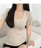Deep U-neck Square Neck Slim Fit Short Sleeve T-Shirt