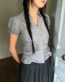 Pique Check V-Neck Shirring Puff Short Sleeve Blouse