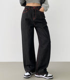 Raw Unique Red Stitch Heart Point Embroidery Wide Denim Pants