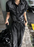 [Muscle Fit] Western Denim Linen Shirt