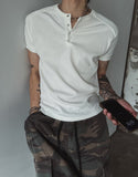 Rib shawl patch henley neck short sleeve t-shirt