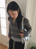 Near angora fur color matching stripe two-way diagonal zipper long sleeve knit