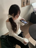 Fuzz Collar Rib Off-Shoulder Slit Long Sleeve Knit