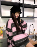 Here Color Matching Stripe Collar Neck Button Long Sleeve Knit